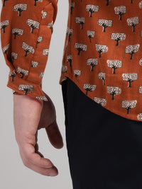 Porsorte Men's Printed Rust Orange Cotton Casual Regular Fit Shirt