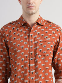 Porsorte Men's Printed Rust Orange Cotton Casual Regular Fit Shirt