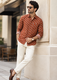 Porsorte Men's Printed Rust Orange Cotton Casual Regular Fit Shirt