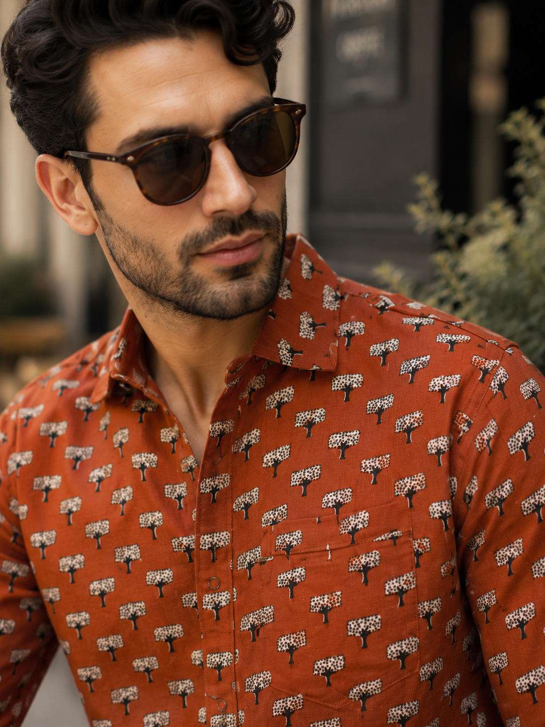 Porsorte Men's Printed Rust Orange Cotton Casual Regular Fit Shirt