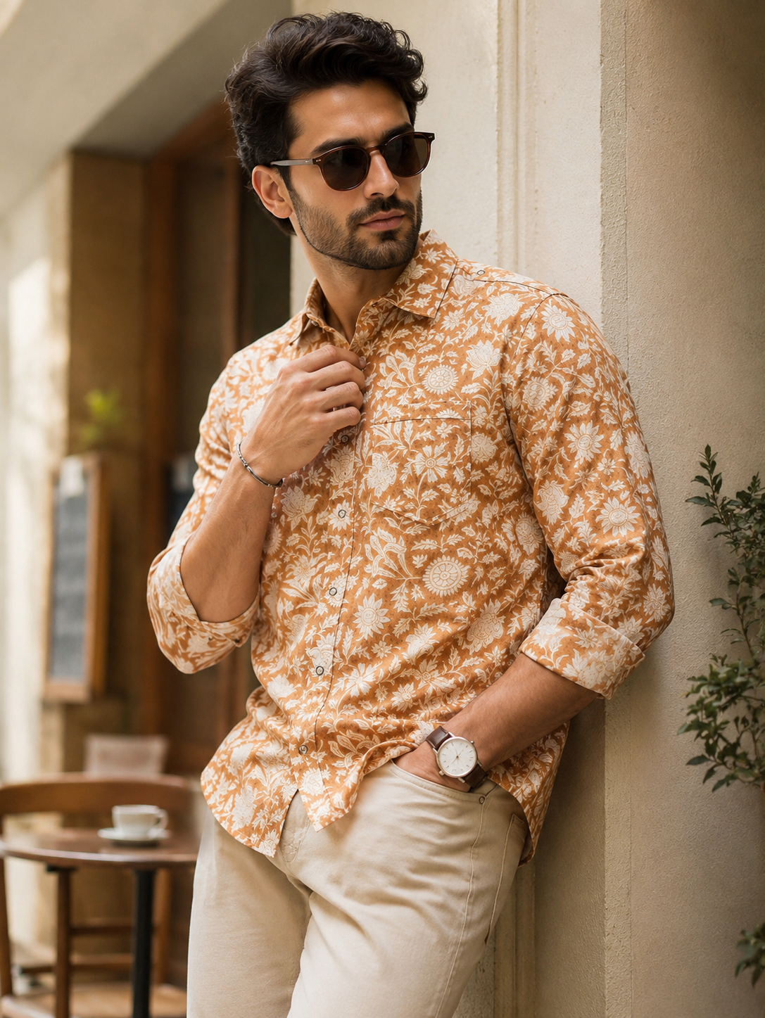 Porsorte Men Floral Print Cotton Casual Regular Fit Shirt – Brown