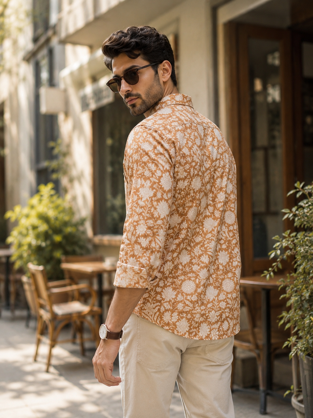 Porsorte Men Floral Print Cotton Casual Regular Fit Shirt – Brown