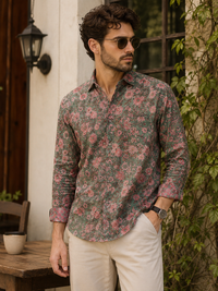 Porsorte Men Olive Green & Pink Floral Printed Cotton Reversible Casual Regular Shirt