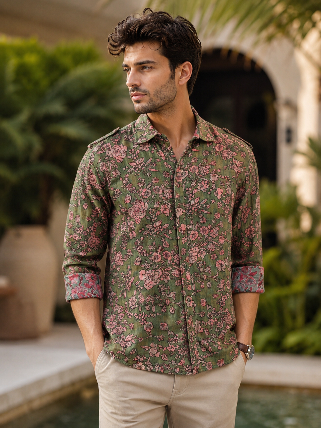 Porsorte Men Olive Green & Pink Floral Printed Cotton Reversible Casual Regular Shirt
