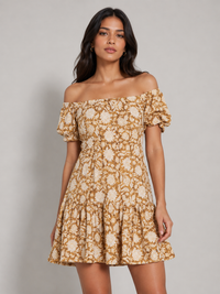 Porsorte Womens Cotton Printed Brown Flared Dress