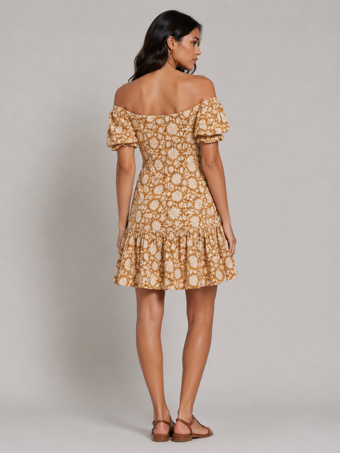 Porsorte Womens Cotton Printed Brown Flared Dress
