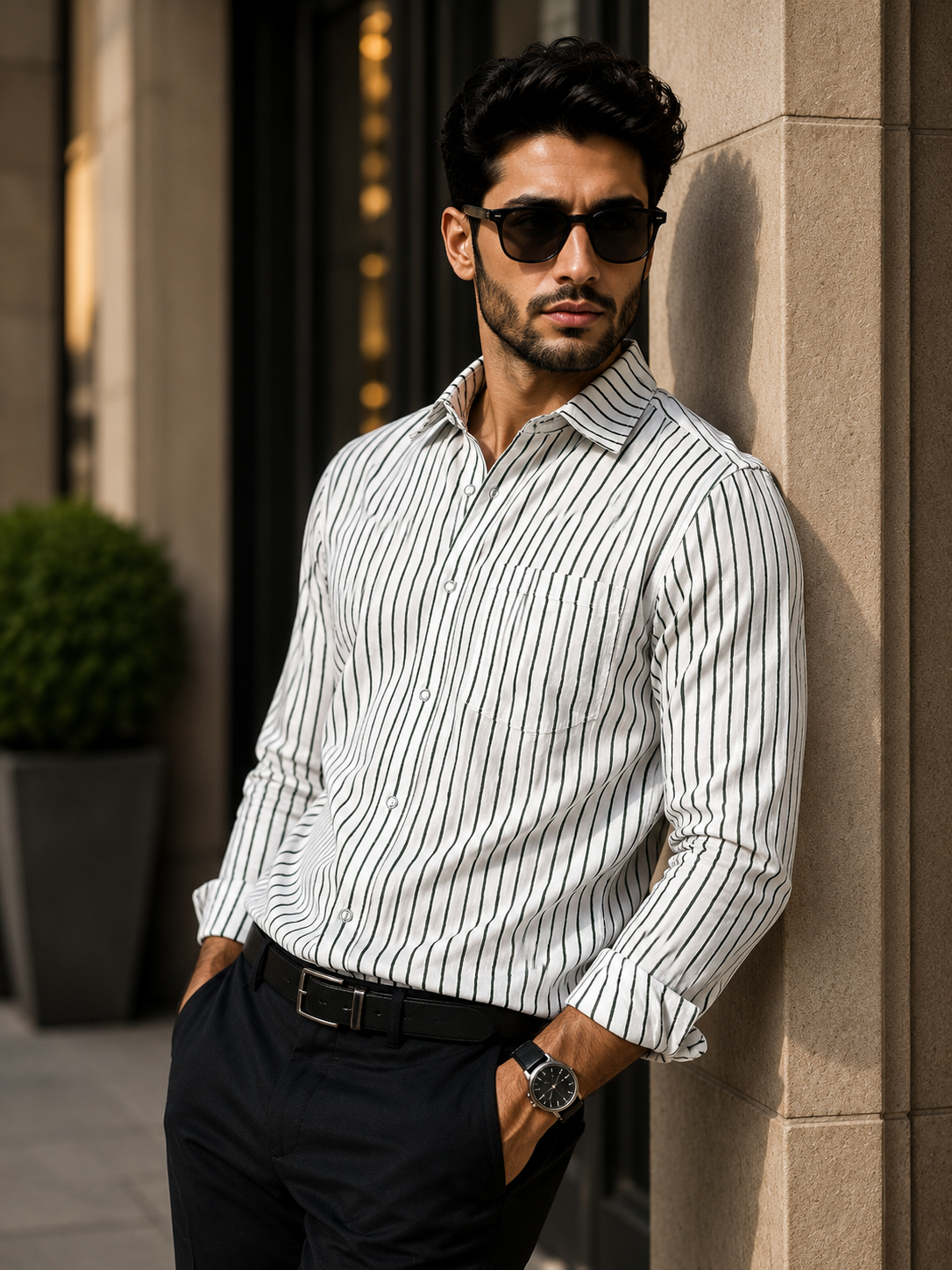 Porsorte Men Striped Modal Satin Casual Regular Fit Shirt – White & Black