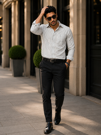 Porsorte Men Striped Modal Satin Casual Regular Fit Shirt – White & Black
