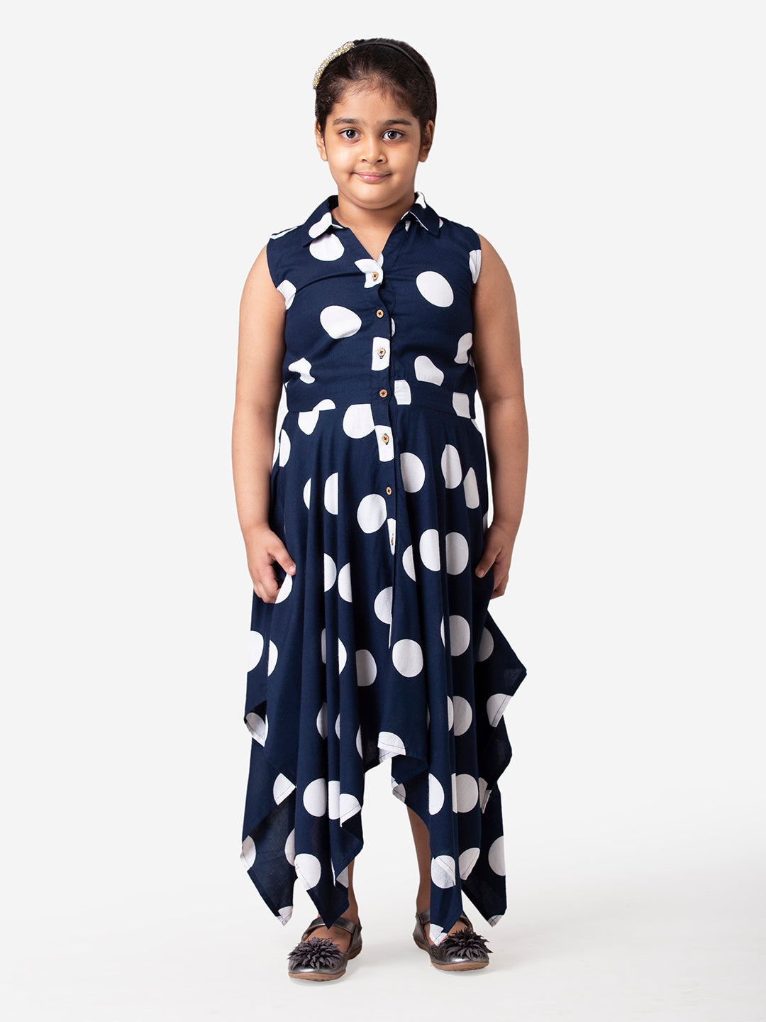 Hoop Hippo Navy White Polka Dot Rayon Shirt Dress
