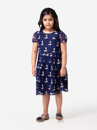 Hoop Hippo Navy Blue Butterfly Printed Fit & Flare Dress