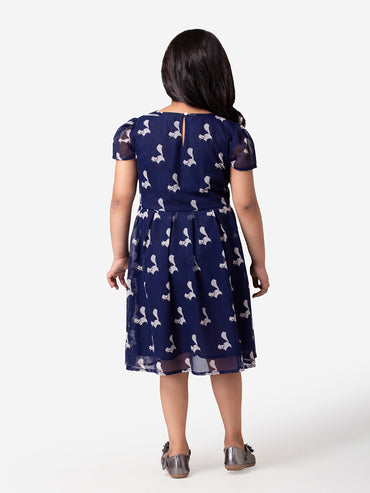 Hoop Hippo Navy Blue Butterfly Printed Fit & Flare Dress