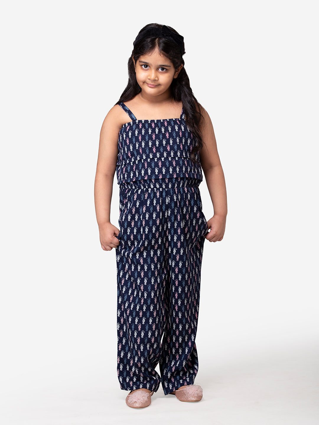 Hoop Hippo Blue Micro Print Tie Up Jumpsuit