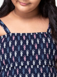 Hoop Hippo Blue Micro Print Tie Up Jumpsuit