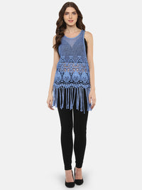 Porsorte Women's Blue Crochet Net Sleeveless Top with Fringe