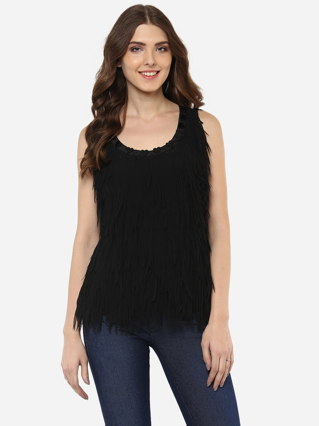 PORSORTE Front laser  cut fringes Top with heart stones decoration at front