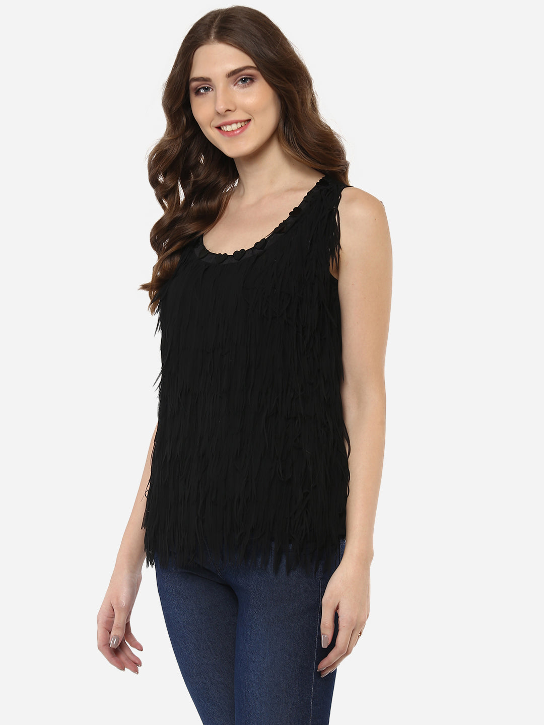 PORSORTE Front laser  cut fringes Top with heart stones decoration at front