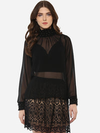 PORSORTE Fine Polyester Georgette Hand Work Sheer Top Black- NO INNER