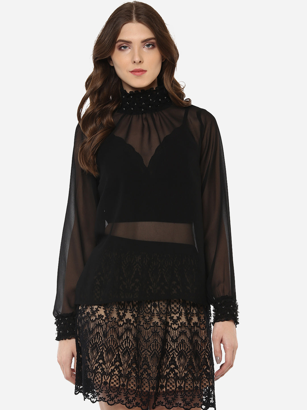 Women's Black Embellished High Neck Mesh Top