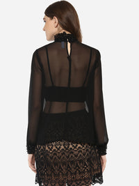 PORSORTE Fine Polyester Georgette Hand Work Sheer Top Black- NO INNER