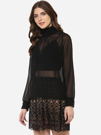 PORSORTE Fine Polyester Georgette Hand Work Sheer Top Black- NO INNER