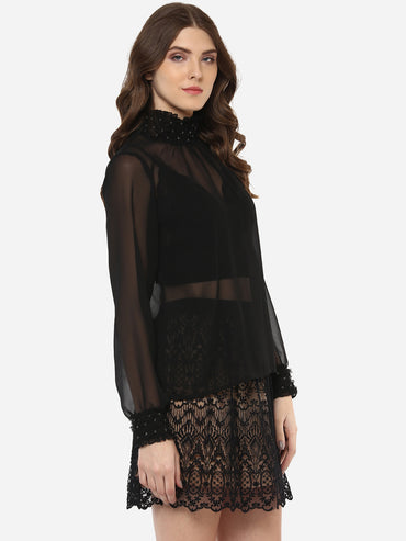 PORSORTE Fine Polyester Georgette Hand Work Sheer Top Black- NO INNER