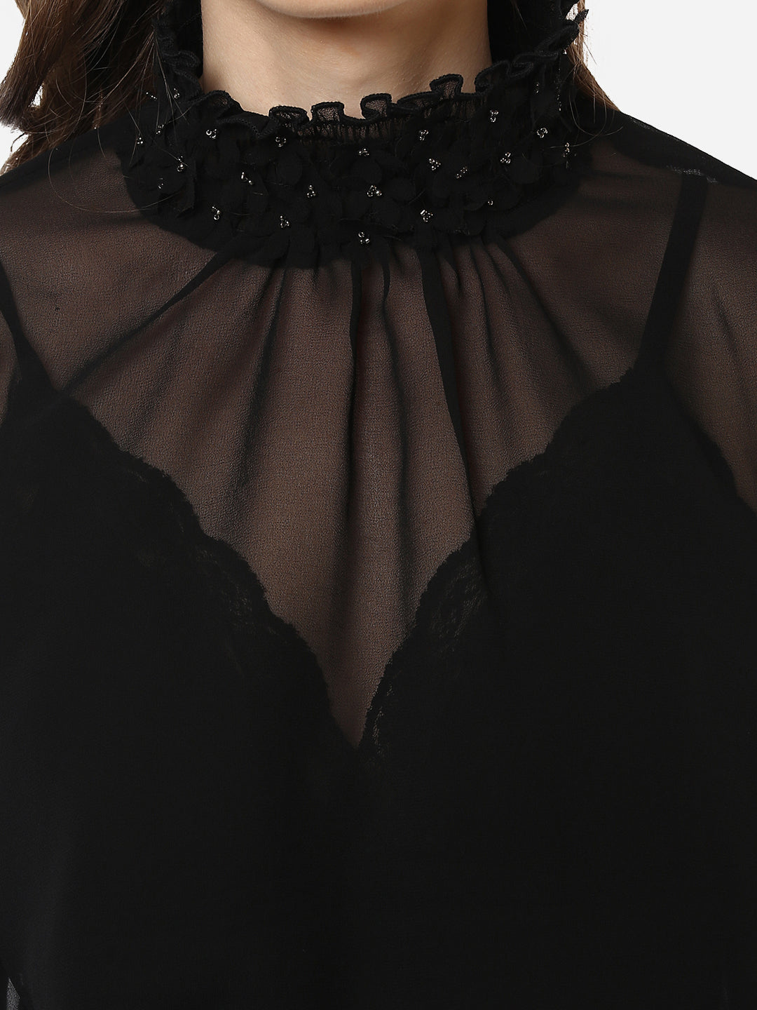 PORSORTE Fine Polyester Georgette Hand Work Sheer Top Black- NO INNER