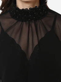 PORSORTE Fine Polyester Georgette Hand Work Sheer Top Black- NO INNER