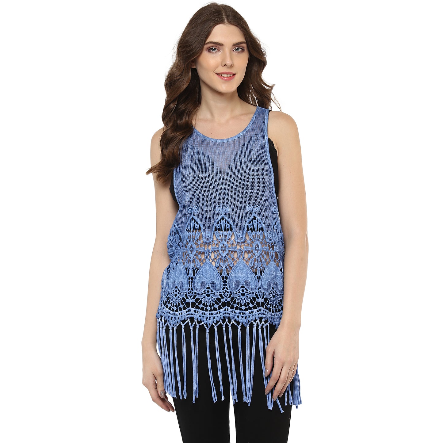 Porsorte Women's Blue Crochet Net Sleeveless Top with Fringe