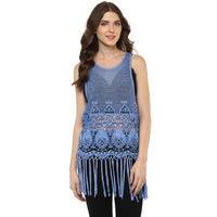 Porsorte Women's Blue Crochet Net Sleeveless Top with Fringe