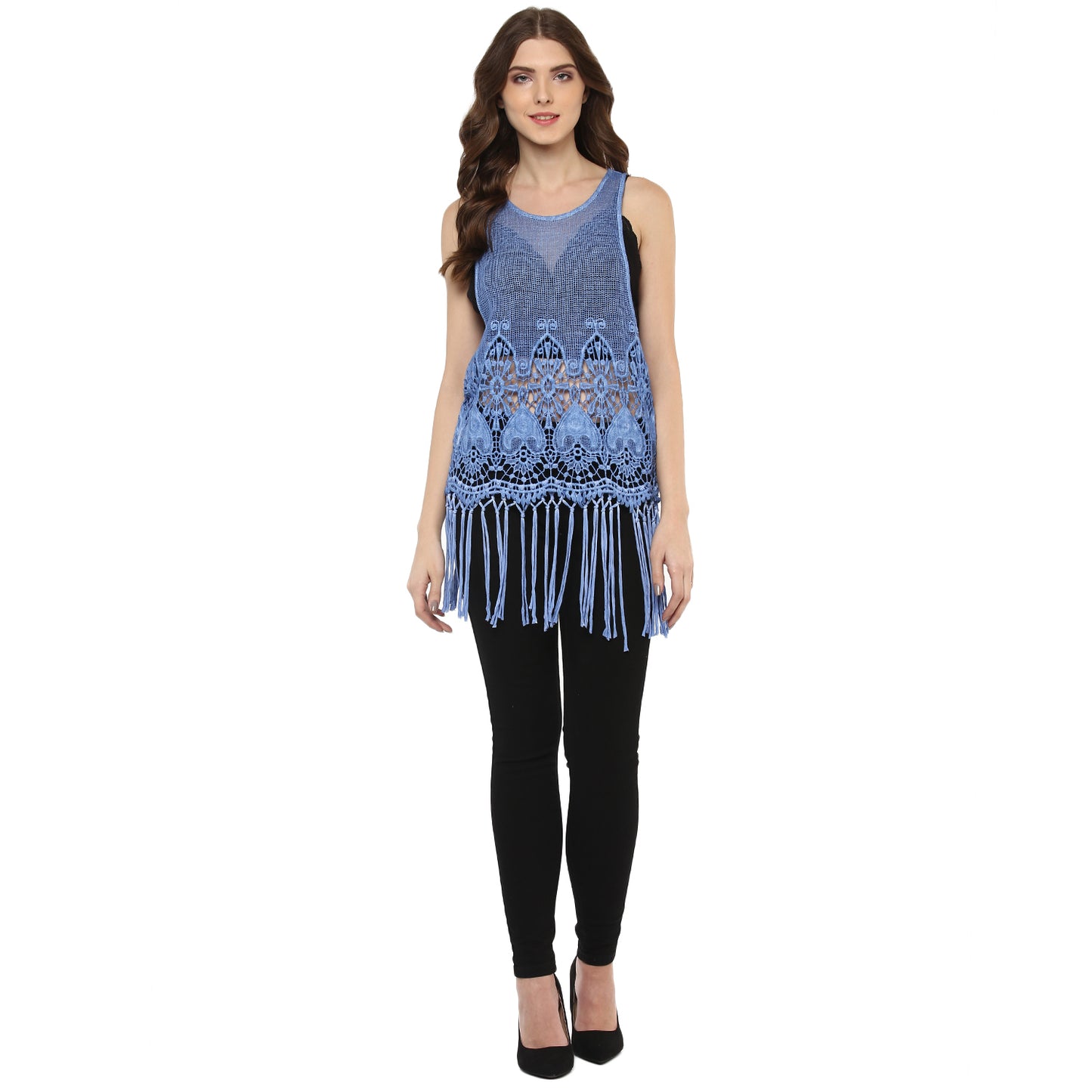 Porsorte Women's Blue Crochet Net Sleeveless Top with Fringe