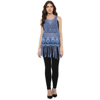 Porsorte Women's Blue Crochet Net Sleeveless Top with Fringe