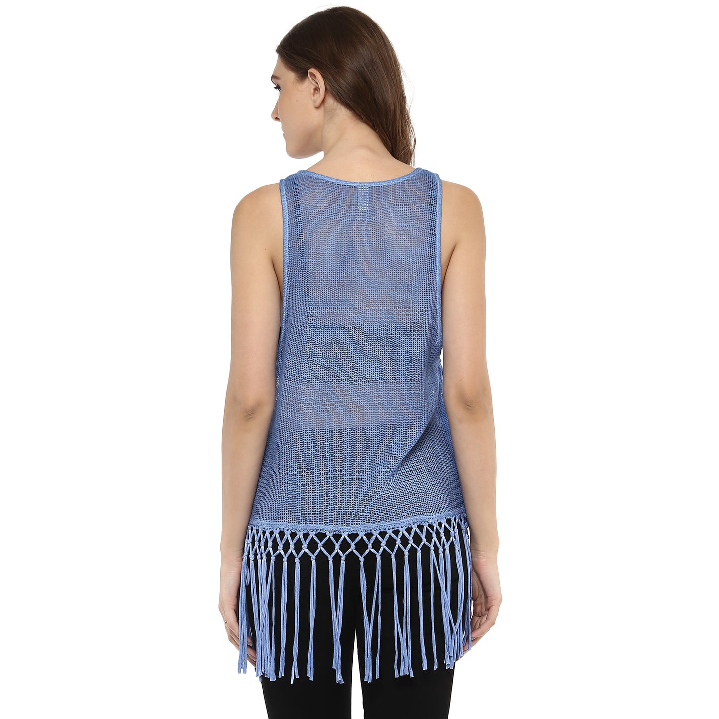 Porsorte Women's Blue Crochet Net Sleeveless Top with Fringe