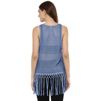 Porsorte Women's Blue Crochet Net Sleeveless Top with Fringe
