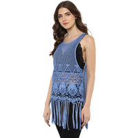 Porsorte Women's Blue Crochet Net Sleeveless Top with Fringe