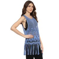 Porsorte Women's Blue Crochet Net Sleeveless Top with Fringe