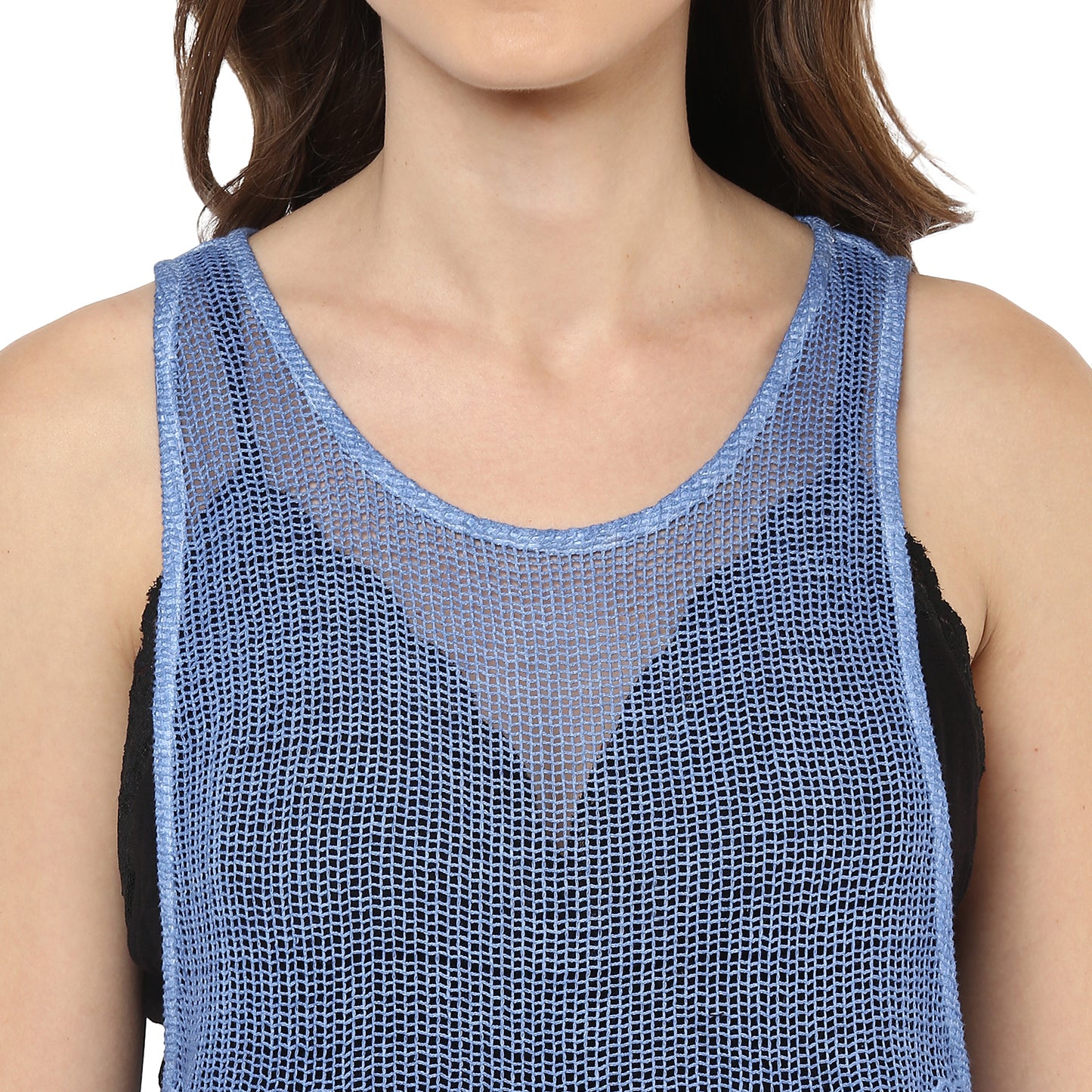 Porsorte Women's Blue Crochet Net Sleeveless Top with Fringe