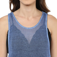 Porsorte Women's Blue Crochet Net Sleeveless Top with Fringe