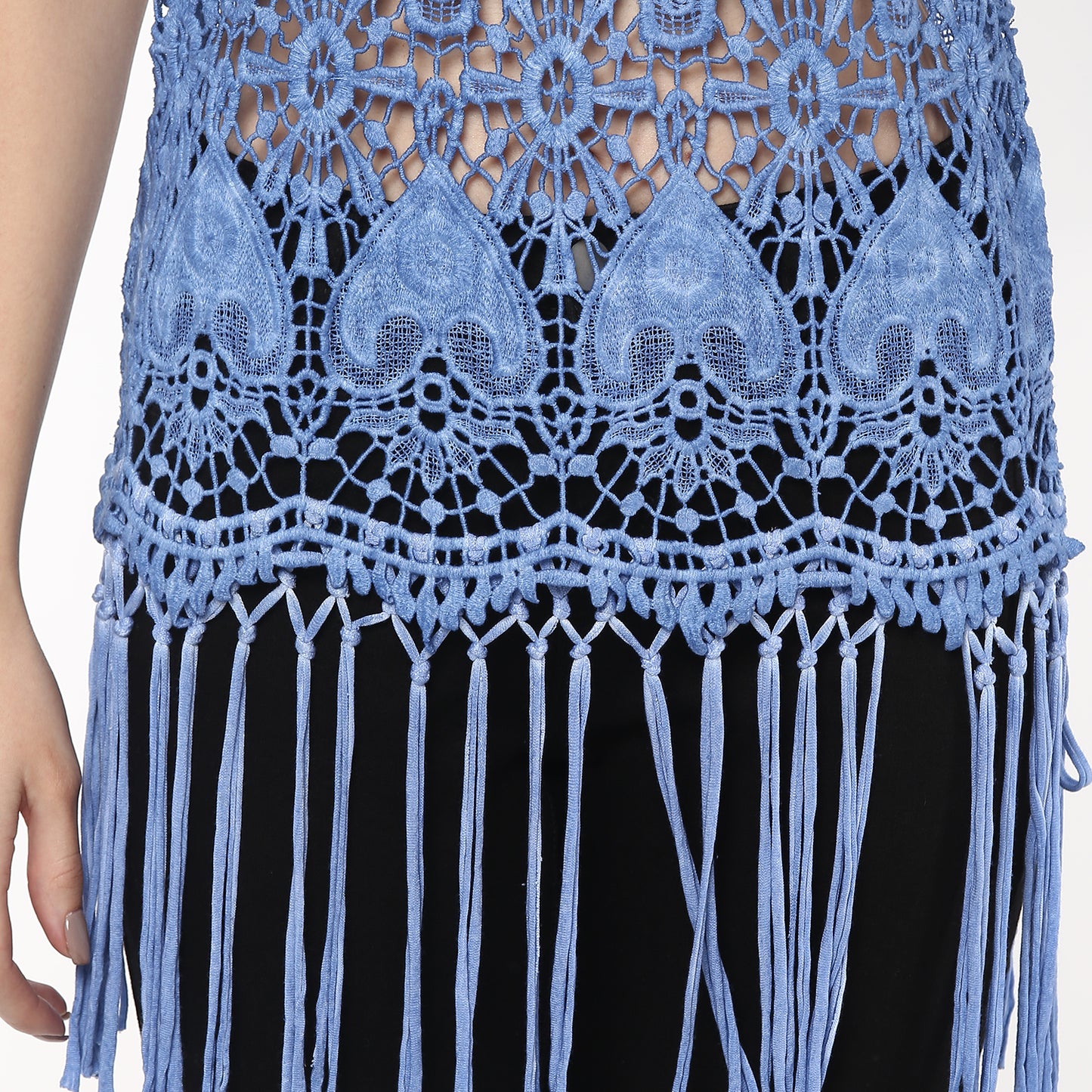 Porsorte Women's Blue Crochet Net Sleeveless Top with Fringe
