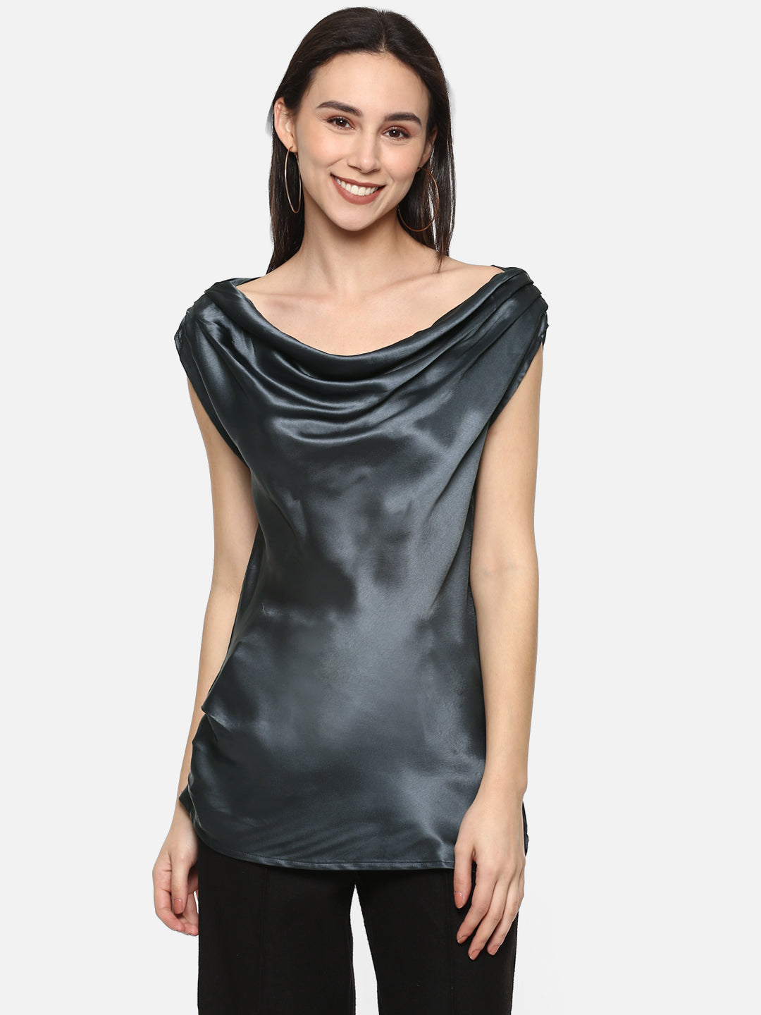 Porsorte Grey Cowl Neck Satin Party Top