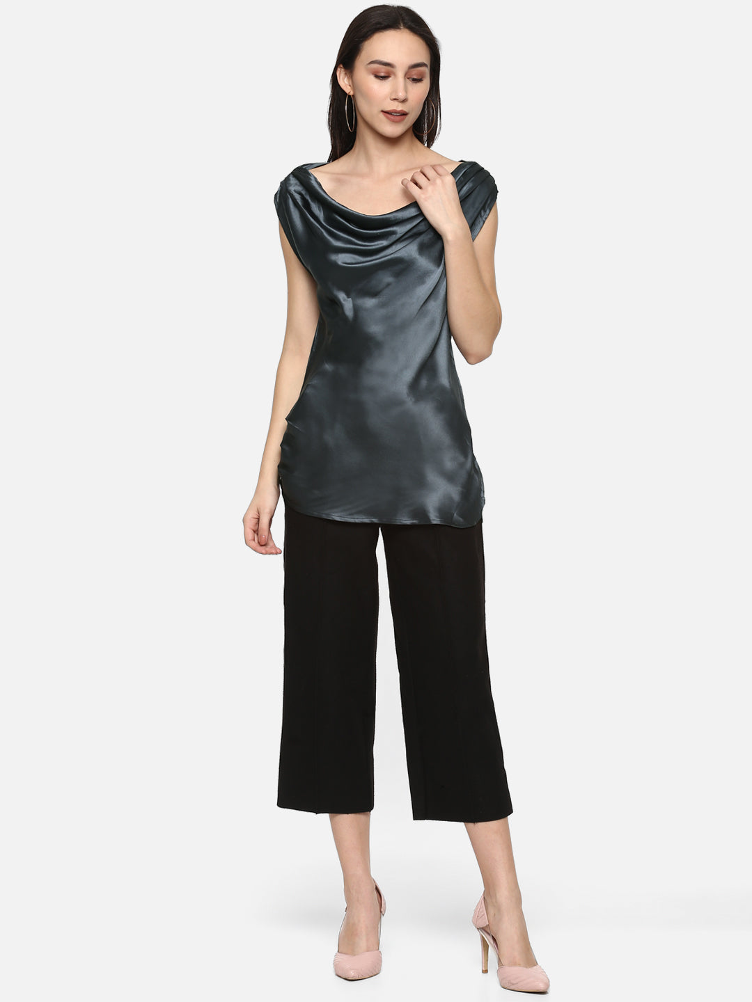 Porsorte Grey Cowl Neck Satin Party Top