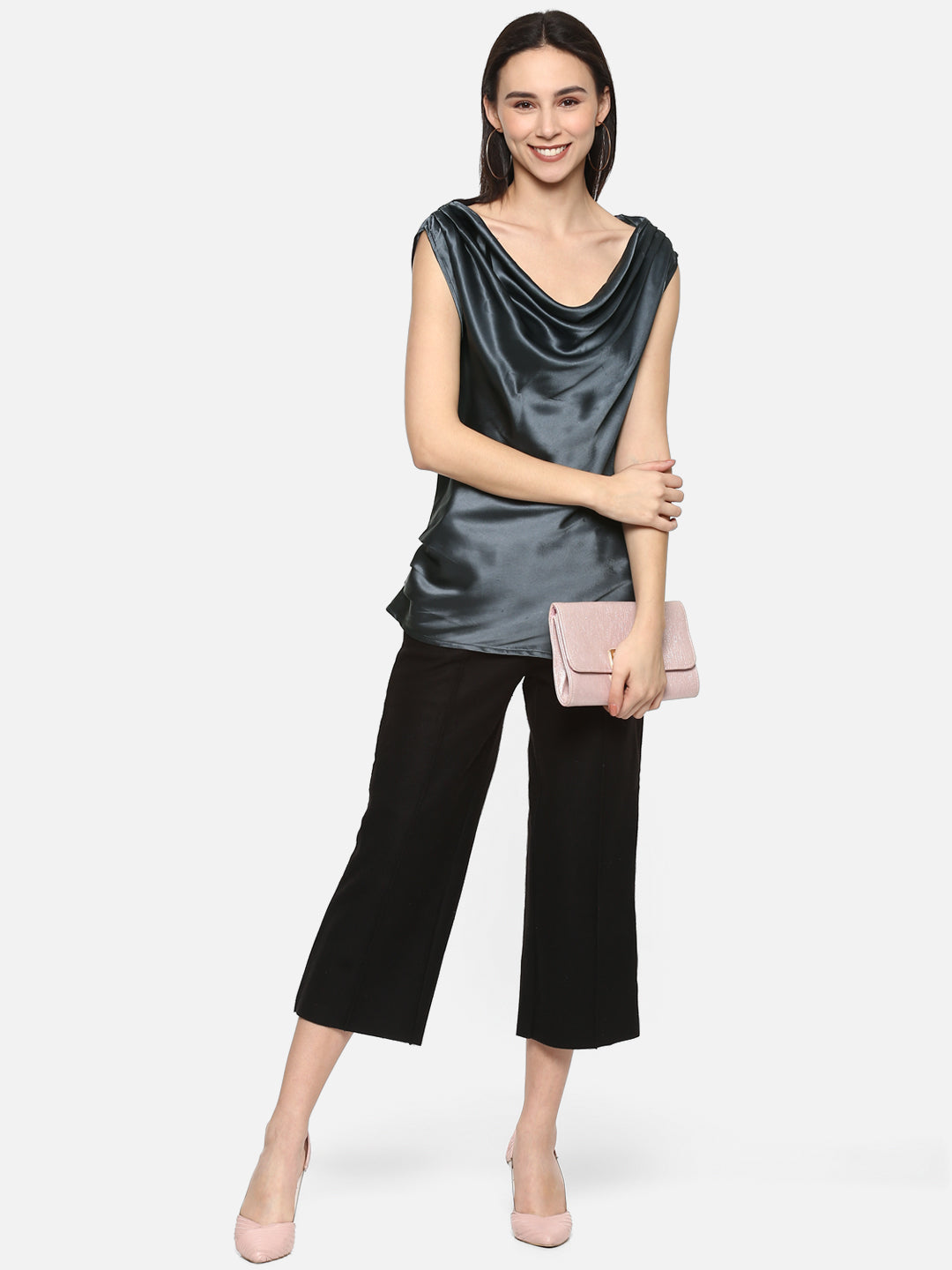 Porsorte Grey Cowl Neck Satin Party Top