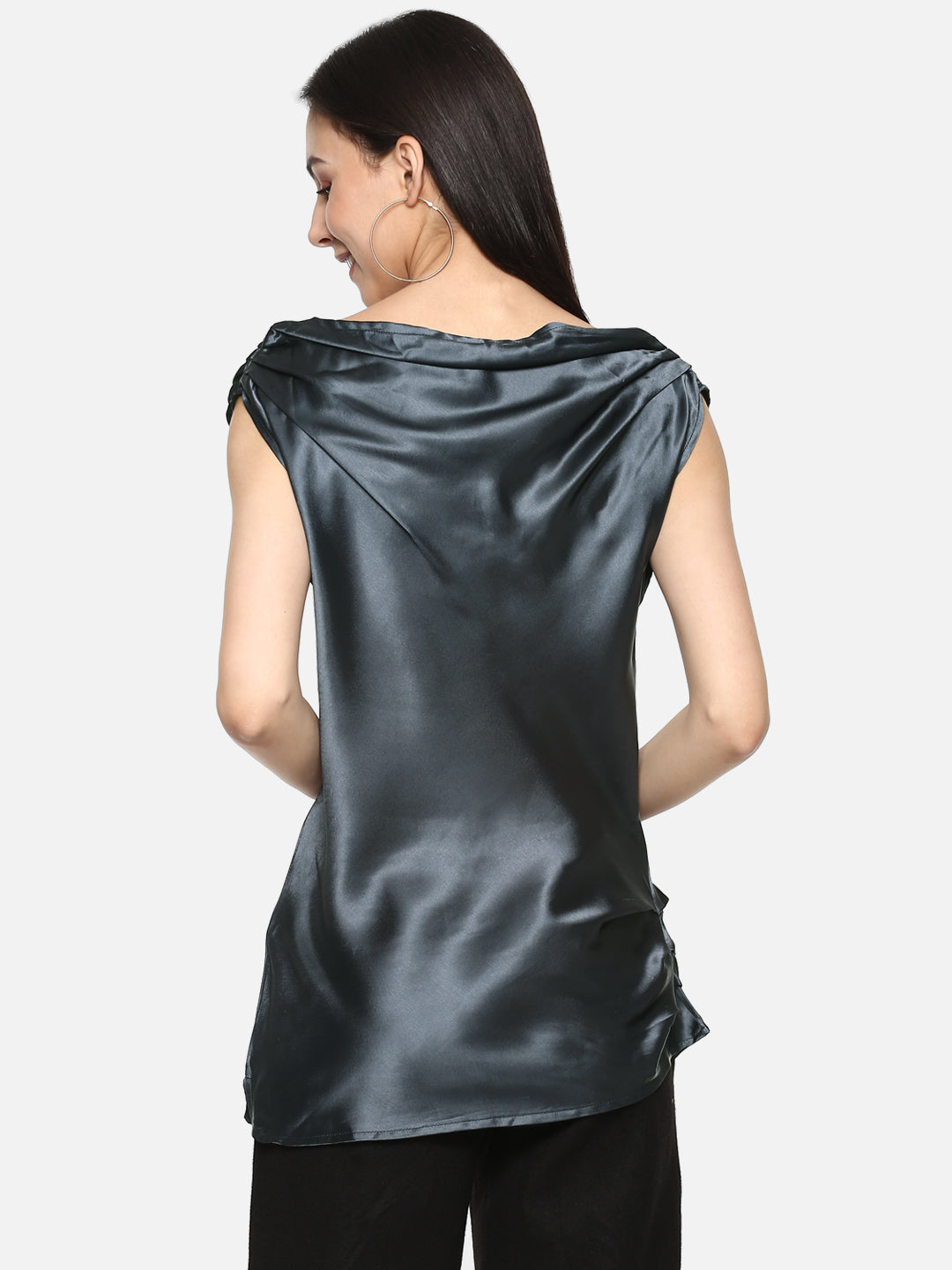 Porsorte Grey Cowl Neck Satin Party Top