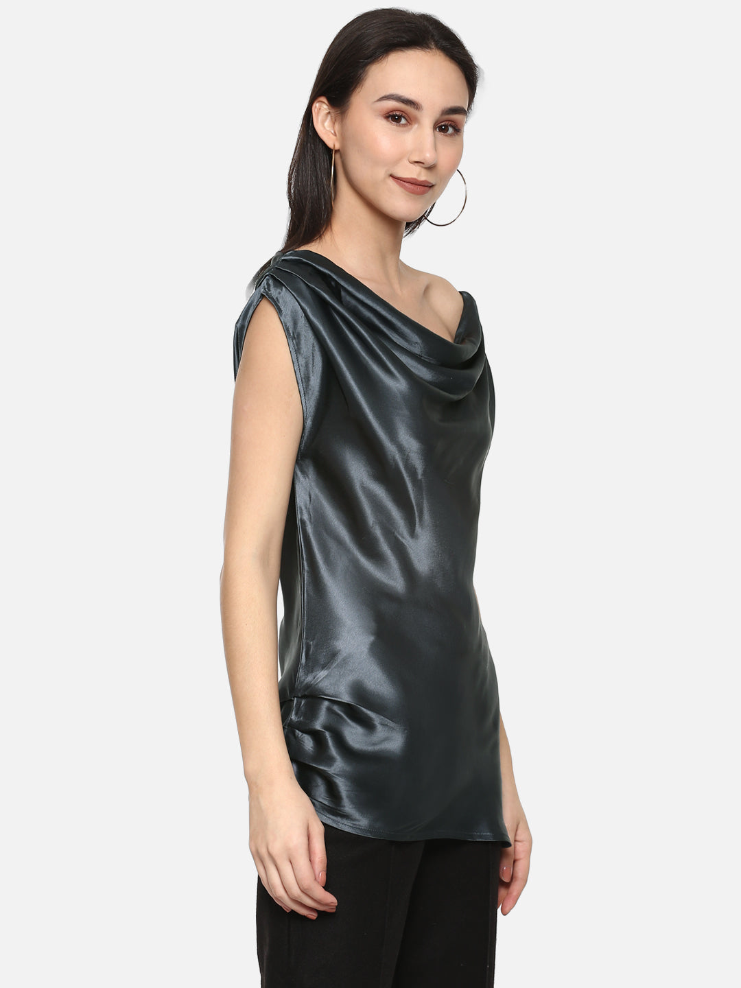 Porsorte Grey Cowl Neck Satin Party Top