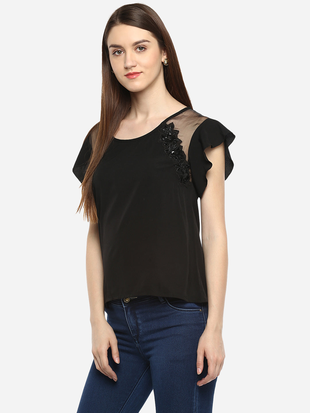 Women's Polyester Sequins Black Party Top