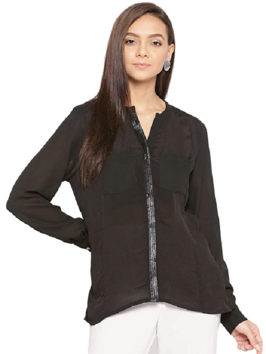 Women Black Solid Sequence Formal Shirt