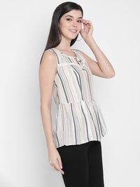 Porsorte Womens Cotton Viscose Stripes with Lace Embroidery tie-up Top