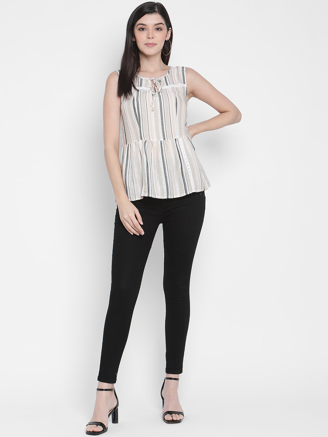 Porsorte Womens Cotton Viscose Stripes with Lace Embroidery tie-up Top