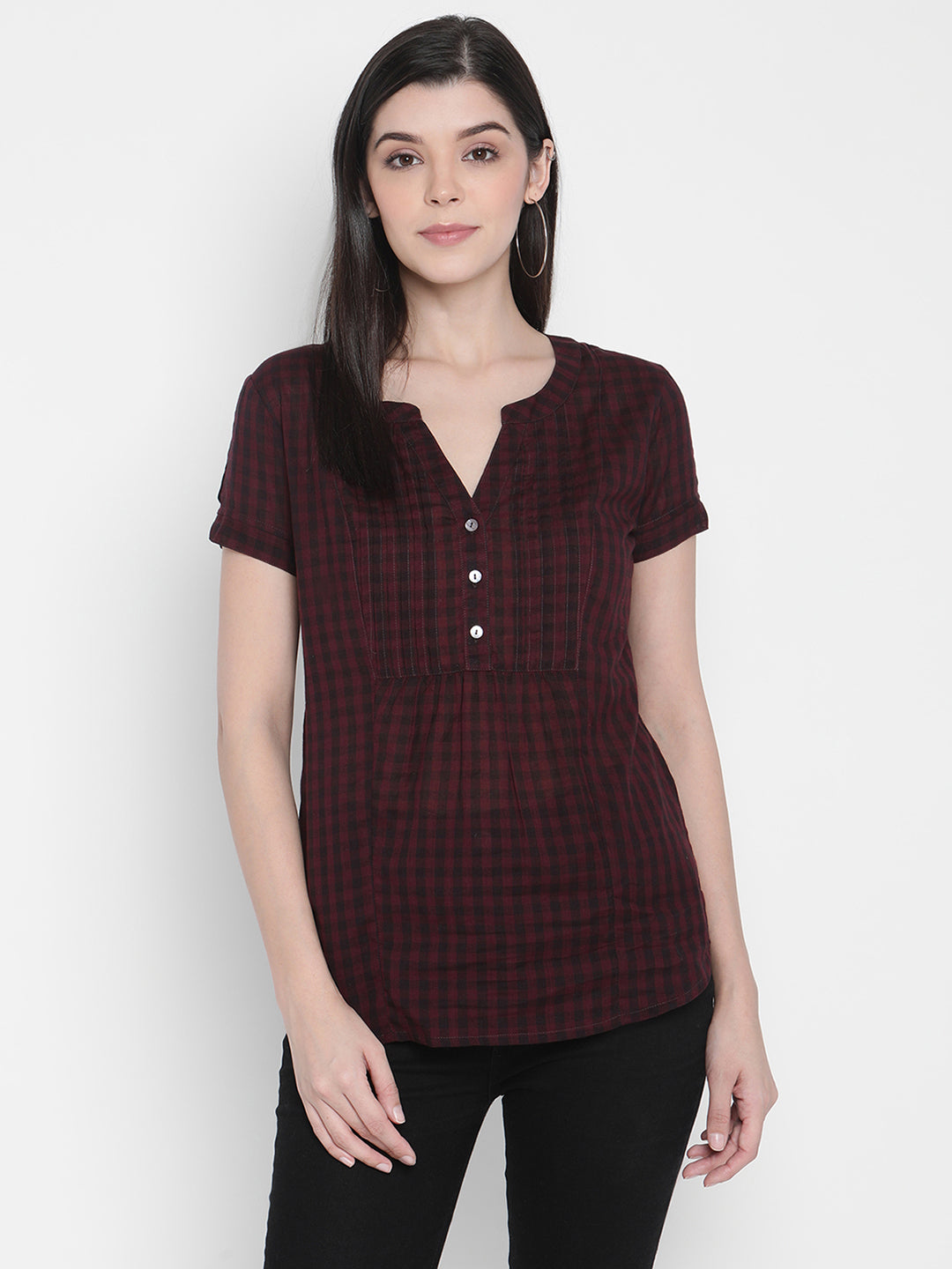 PORSORTE Women's 100% Cotton Dyed checks Wine Shirt