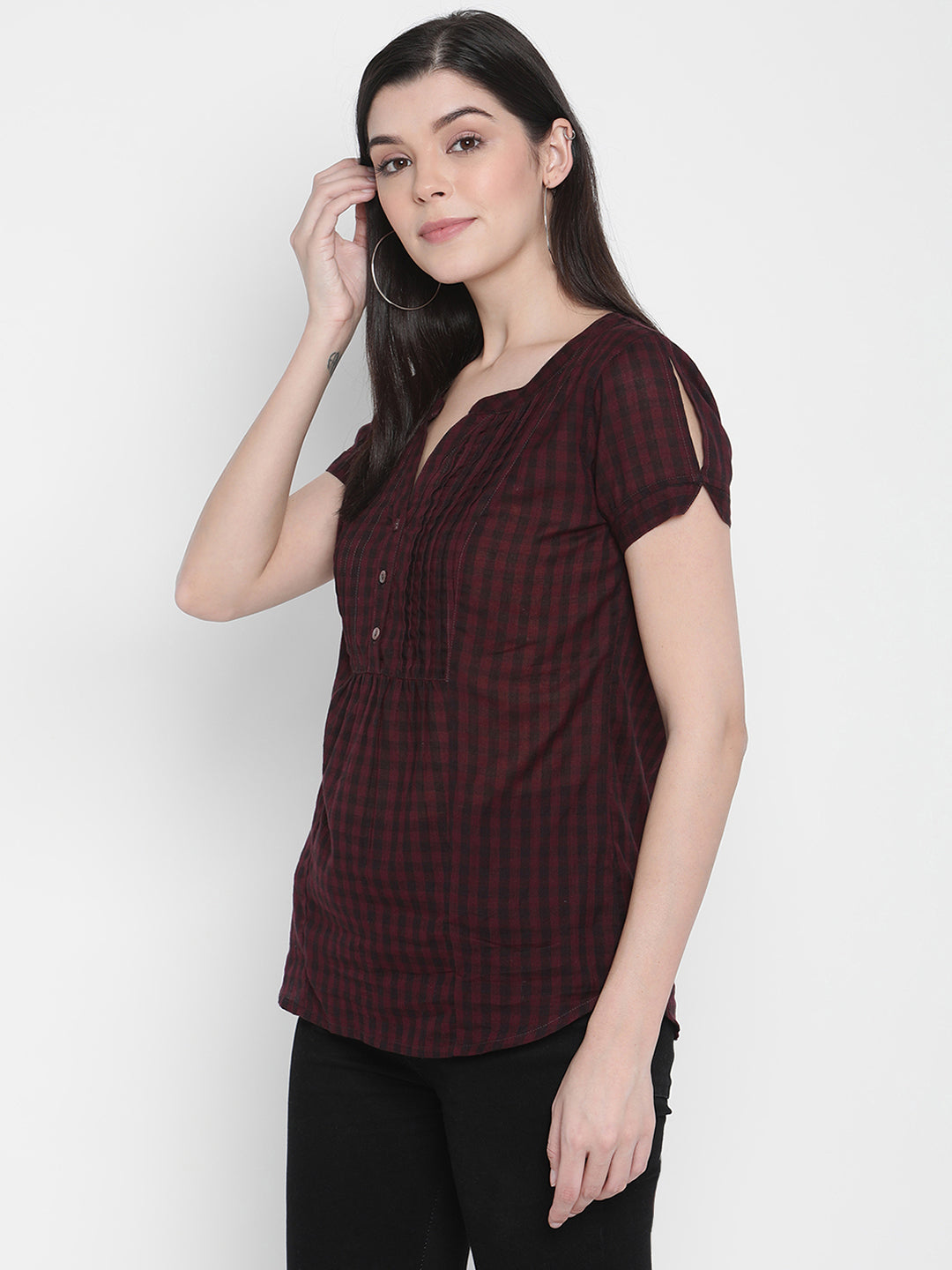 PORSORTE Women's 100% Cotton Dyed checks Wine Shirt