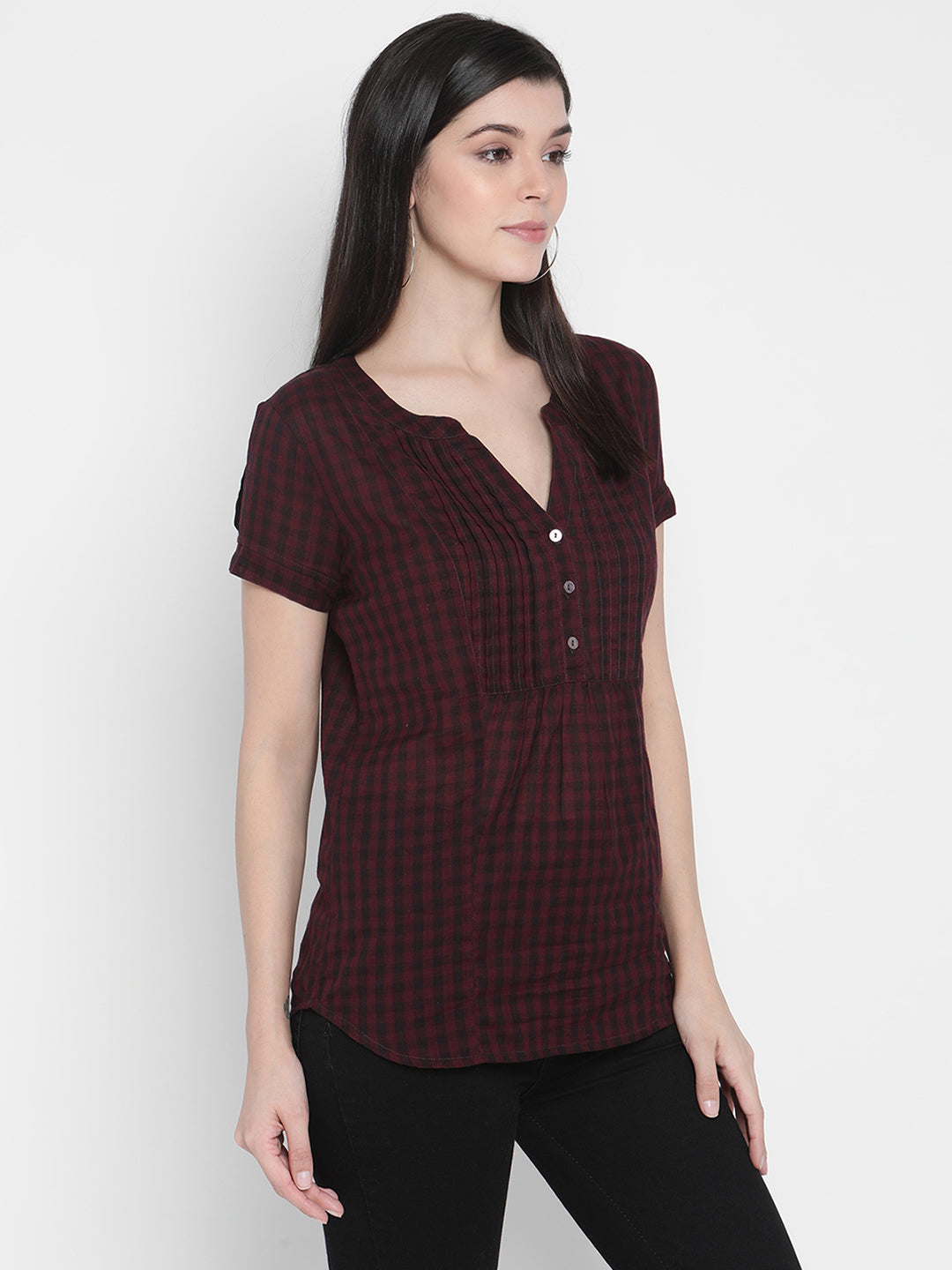 PORSORTE Women's 100% Cotton Dyed checks Wine Shirt